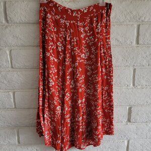 Red Floral Midi Skirt Side Slit Sz M
